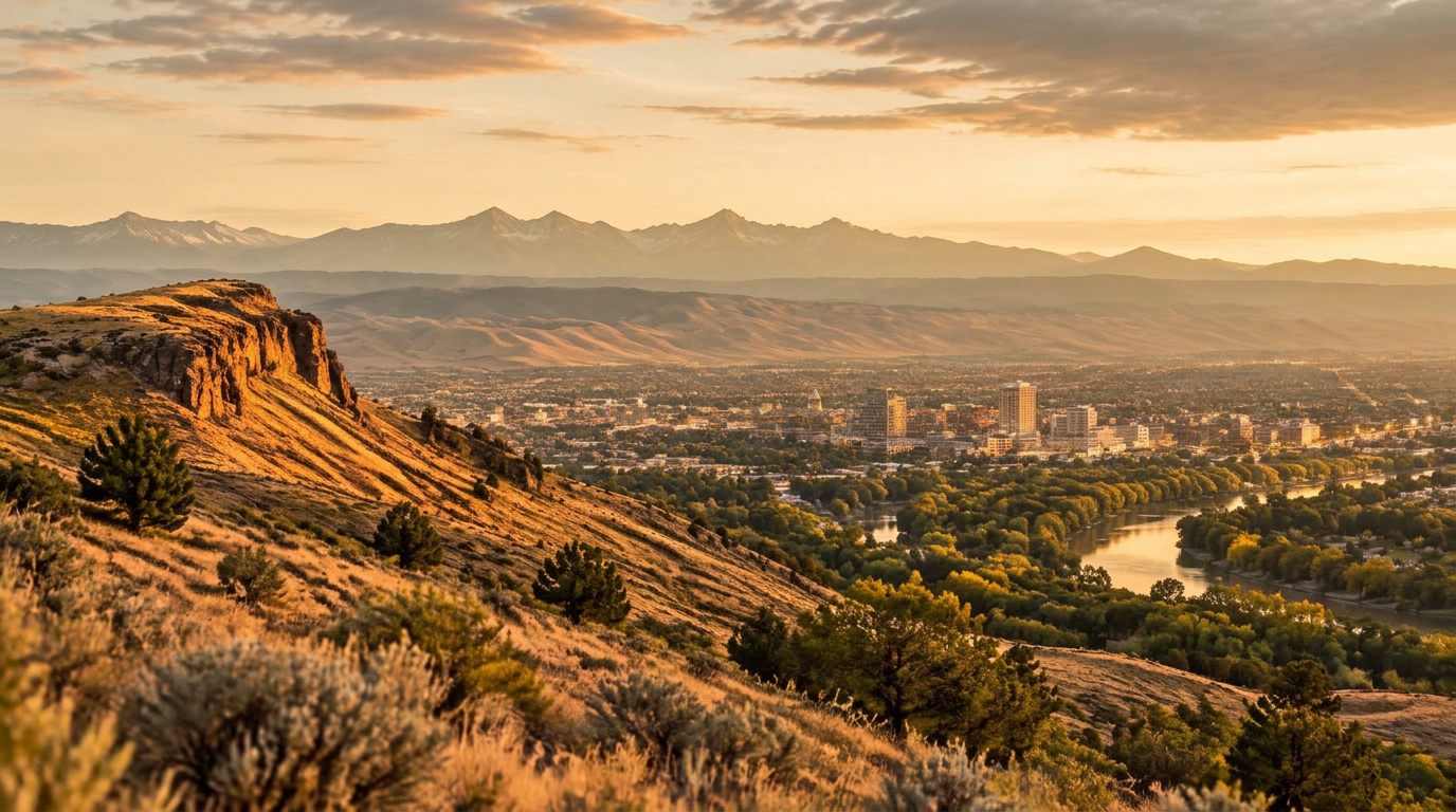 Boise, Idaho at dusk from the foothills — Table Rock, the Boise River and the mountains glowing rose and gold