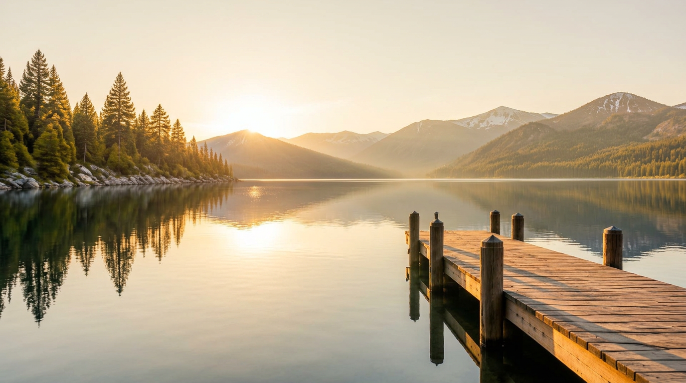 Payette Lake in McCall, Idaho at dusk, a wooden dock reaching into water glowing apricot and rose