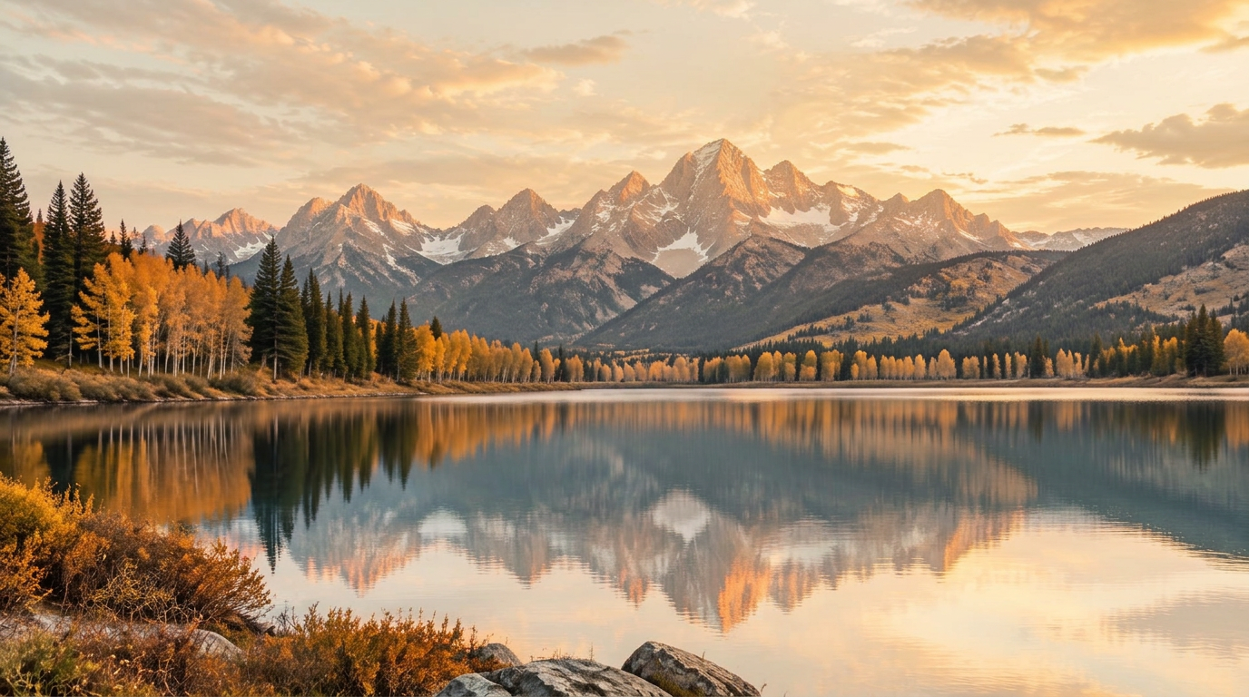 Sun Valley, Idaho at dusk: rose-lit peaks and golden aspens reflected in a still mountain lake