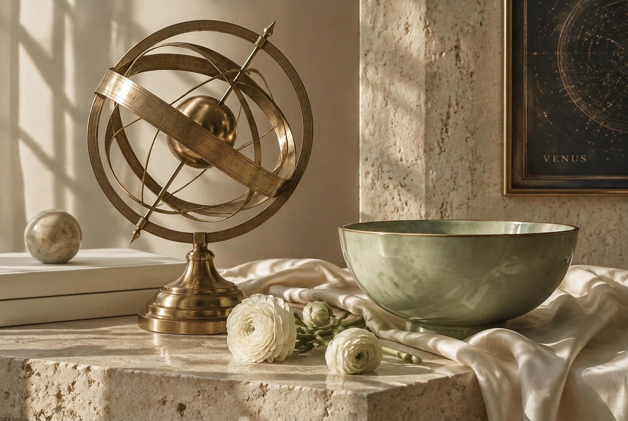 A brass armillary sphere on travertine in soft morning light