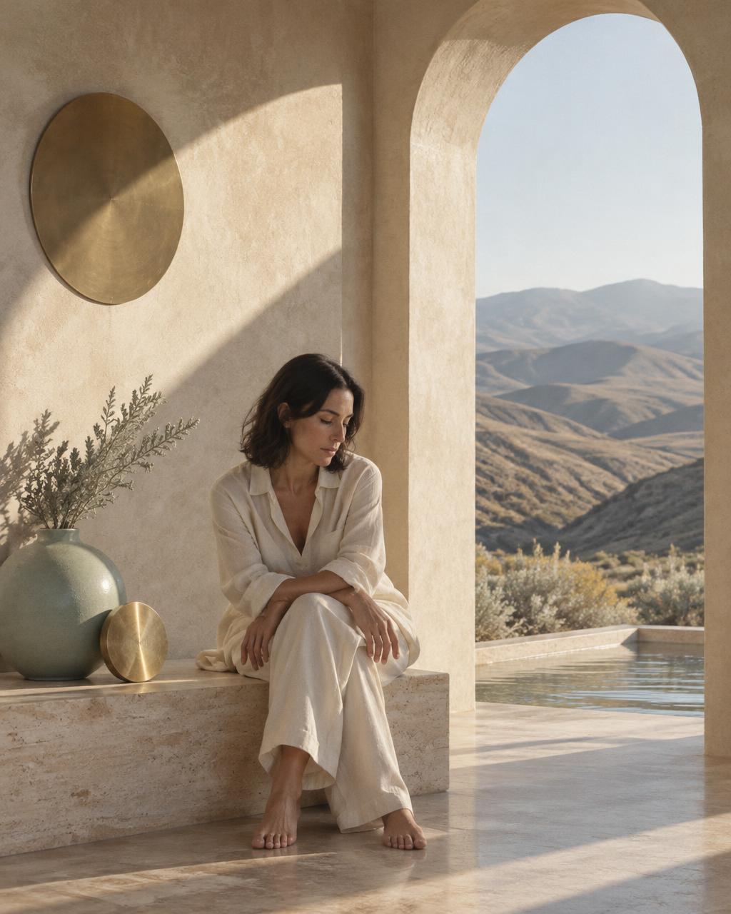 A woman in ivory linen resting on a travertine bench beneath a plaster arch, Idaho high-desert foothills beyond